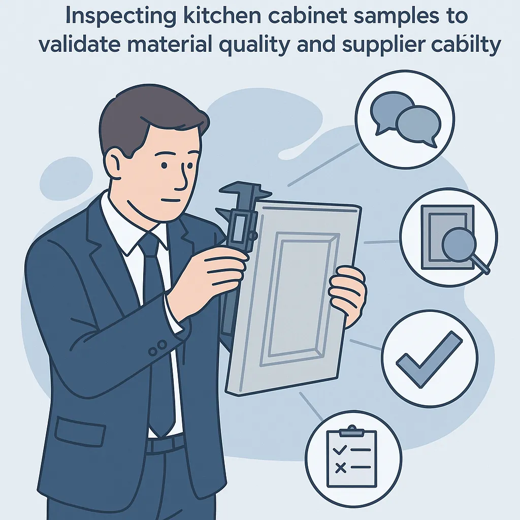 a procurement manager inspecting a kitchen cabinet door sample