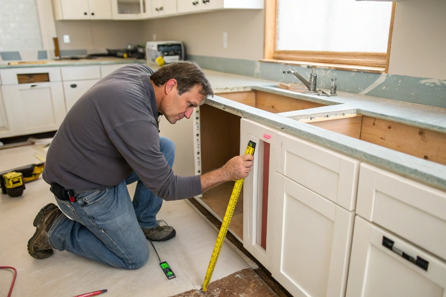A costly mistake shown, like a flooded floor from a bad plumbing connection
