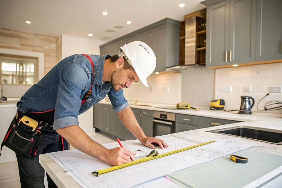 A professional contractor overseeing a high-end commercial kitchen installation