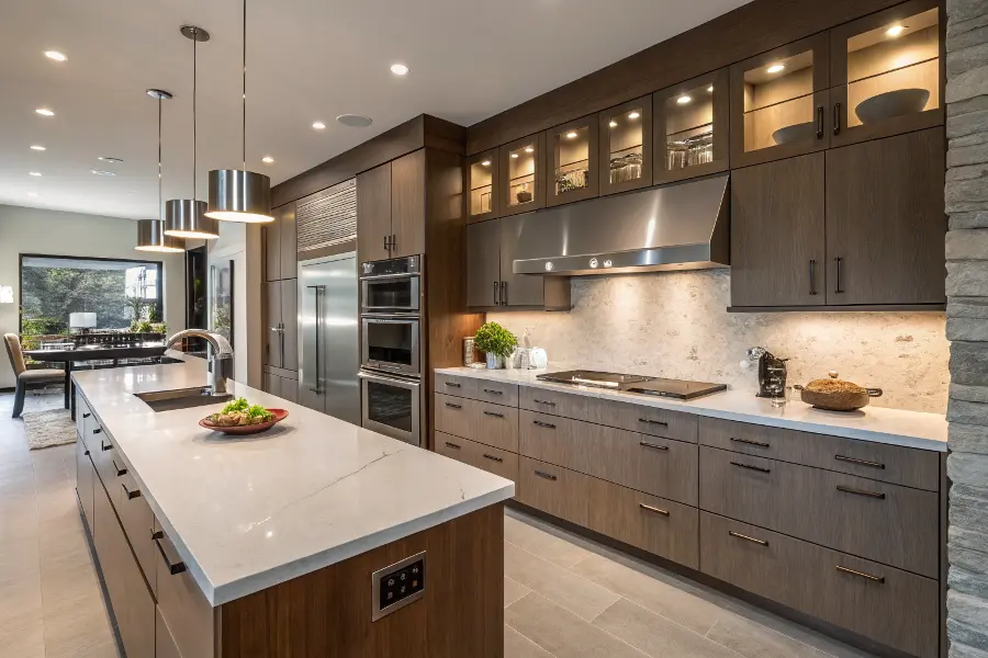A complete high-end kitchen showing the integration of cabinets, countertops, appliances, and lighting