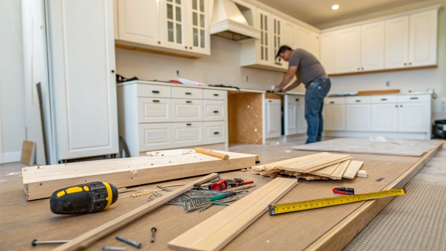 A carpenter assembling a custom cabinet in a workshop