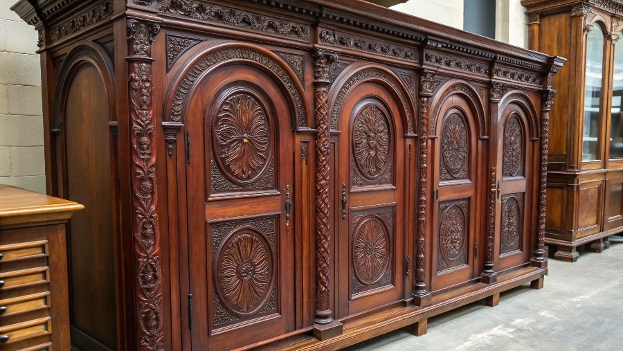 A dated kitchen with orange-toned oak cabinets and arched doors