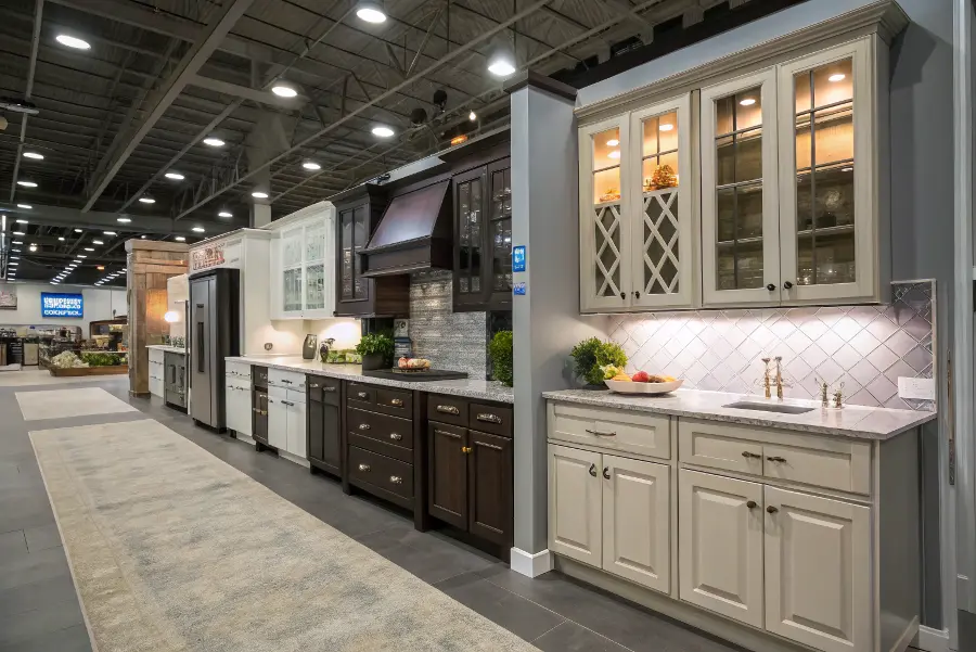 A TV design show set with cameras filming a kitchen installation
