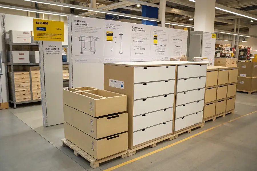 A diagram showing IKEA's cost-saving model: Materials, Scale, Flat-Pack, DIY