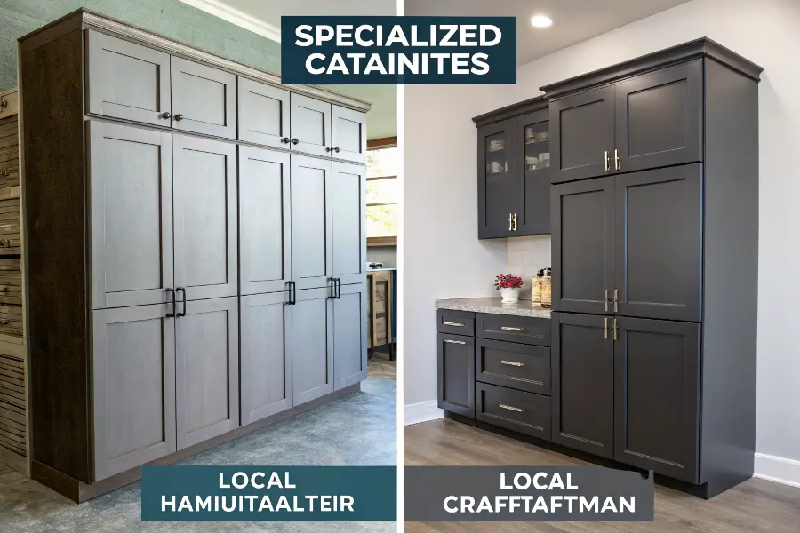 A comparison of a modern cabinet factory production line and a small artisan workshop