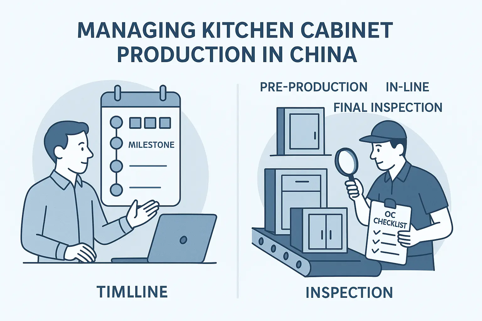 a quality control inspector checking kitchen cabinets in a factory