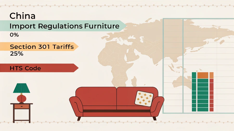 A customs officer inspecting furniture with a calculator nearby