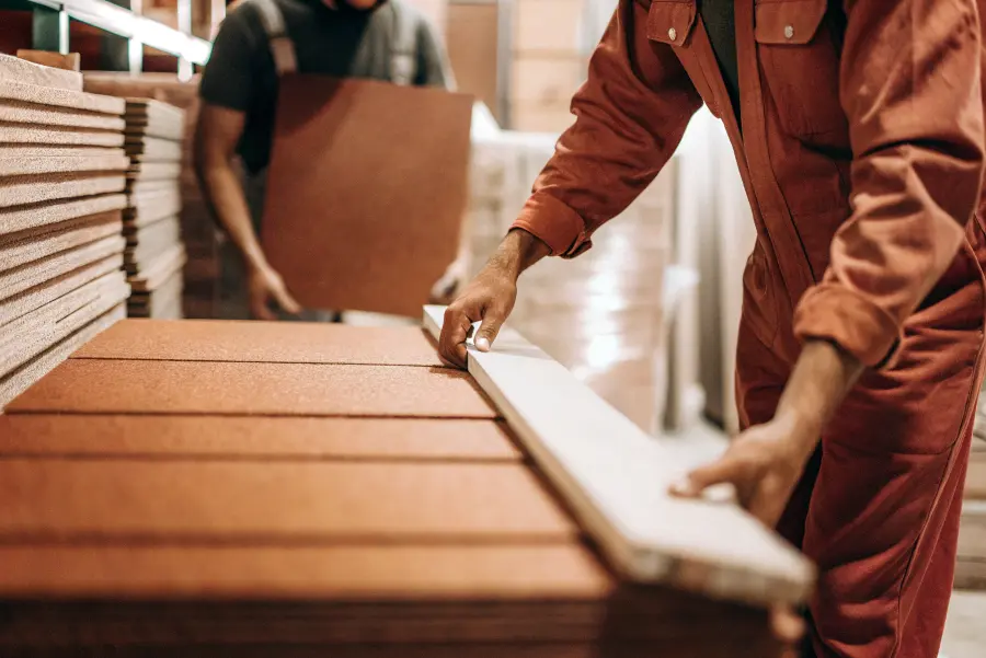 A cross-section of an IKEA laminate countertop showing the particleboard core