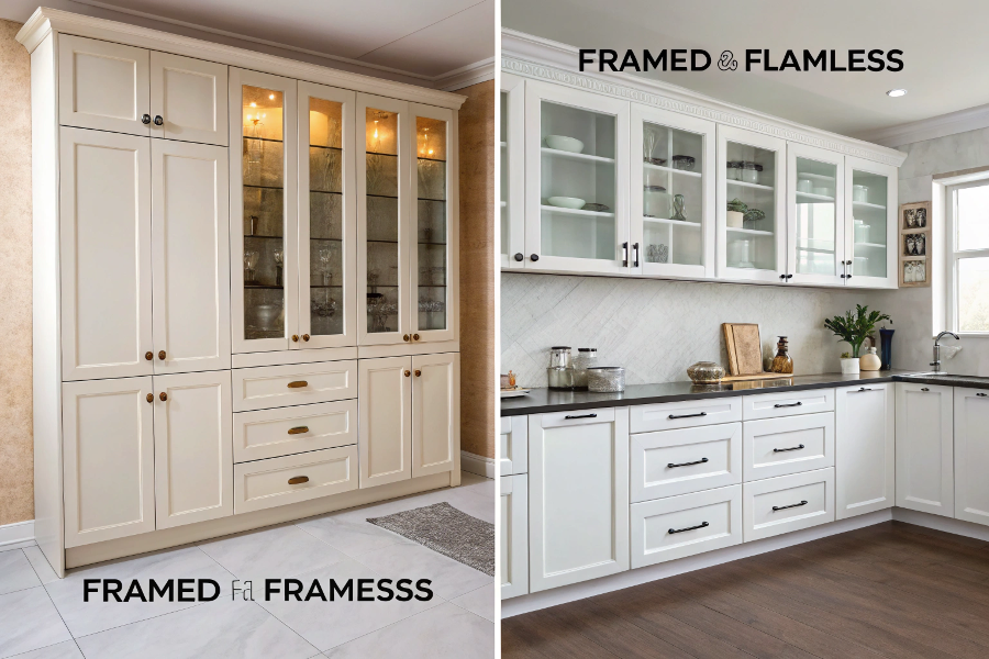 A side-by-side comparison of a framed cabinet and a frameless cabinet, showing the difference in door mounting and access