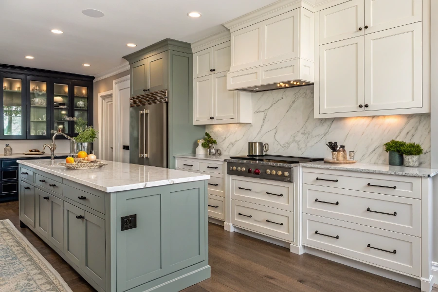 A collage showing Shaker cabinets used in a very modern setting and a very traditional setting