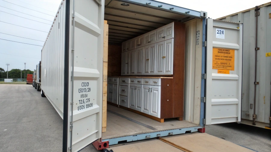 Shipping container with kitchen cabinets being planned for cost calculation