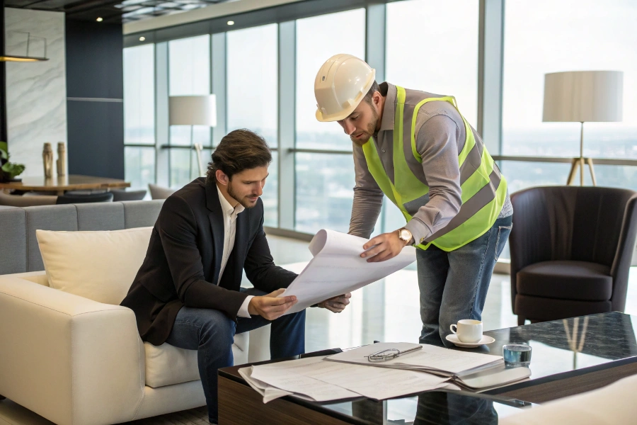 Two professionals discussing blueprints and a contract across a table