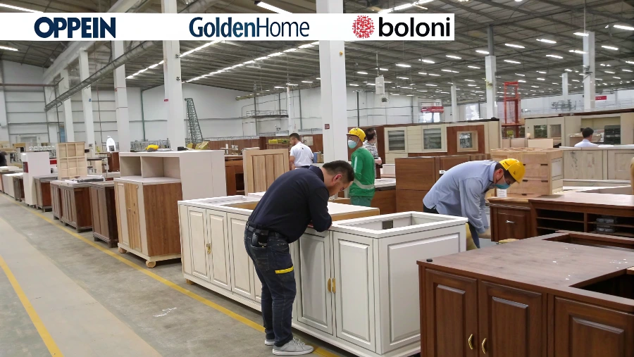 A massive, modern kitchen cabinet factory in China