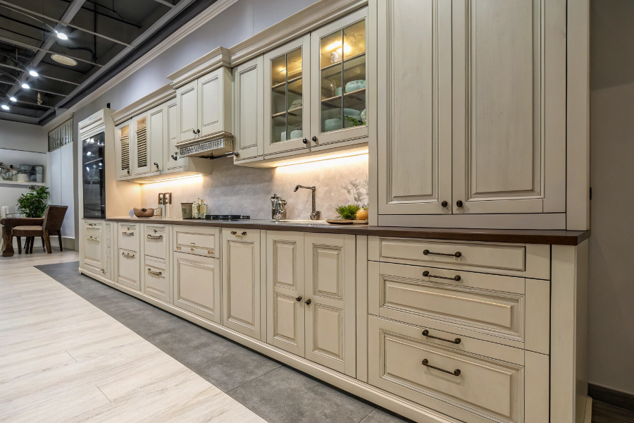 A close-up showing the three key elements of durability: plywood box, quality door, and brand-name hinge