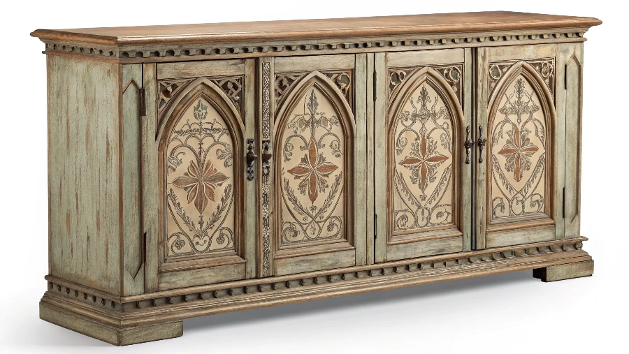 An example of an outdated kitchen cabinet door with a raised arch panel and heavy glazing