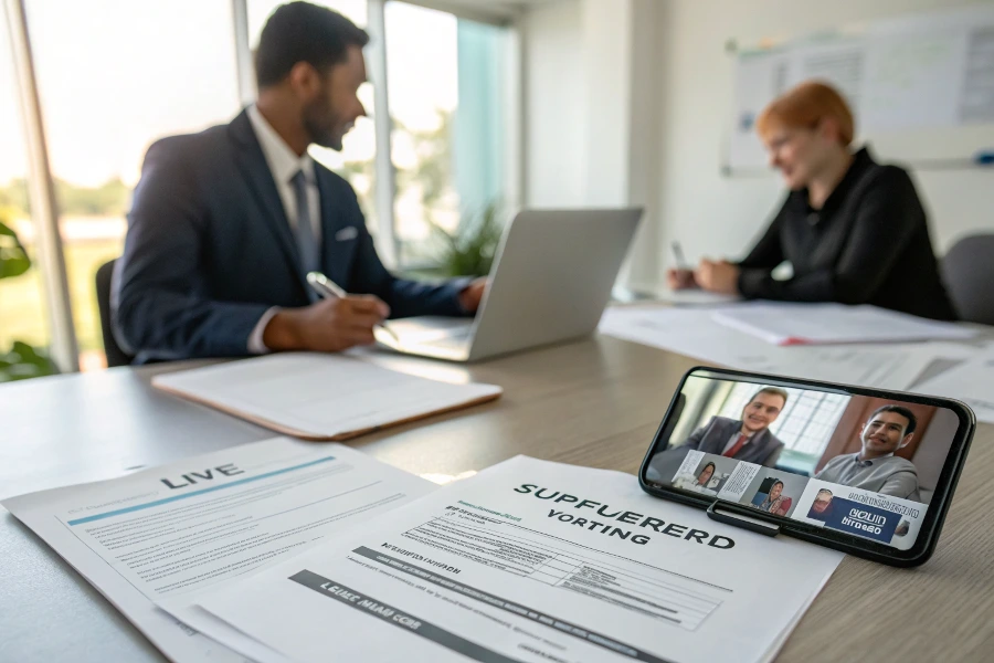 A sourcing agent on a live video call, showing the client the factory's production line in real-time