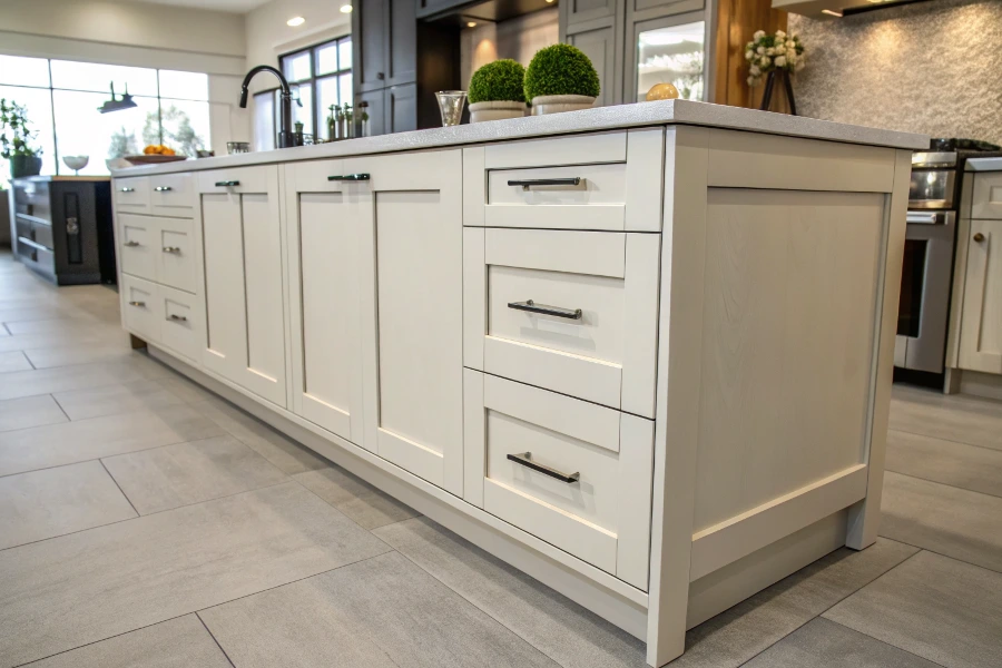A collection of Shaker cabinet doors in different colors and wood finishes