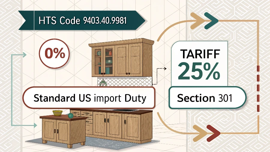 A customs document for kitchen cabinets with import duty calculations