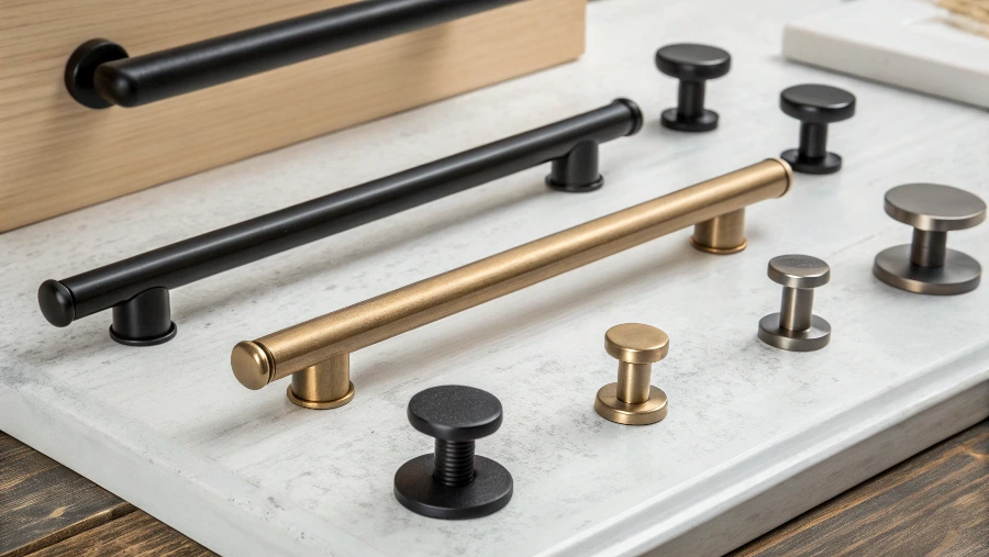 A drawer showing different timeless hardware options: a bar pull, a simple knob, and a recessed pull