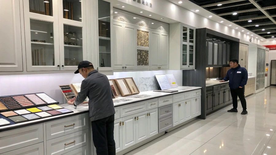 A professional buyer and a factory manager inspecting kitchen cabinets on a production line in China