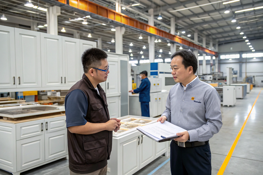 A professional buyer inspecting kitchen cabinets in a large, clean factory showroom
