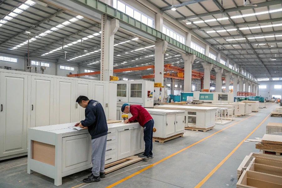 A quality control inspector carefully checking a kitchen cabinet in a Foshan factory