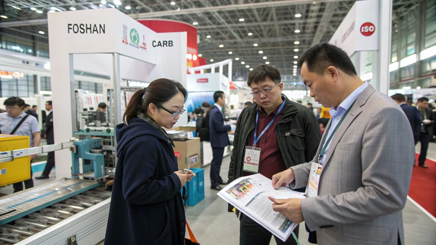 A buyer reviewing factory certification documents with a supplier in a showroom