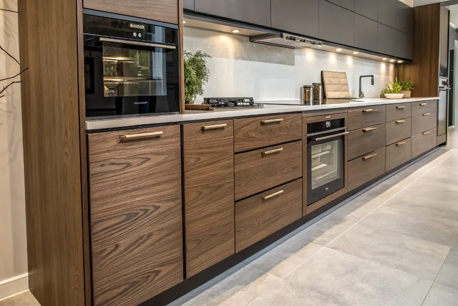 An exploded view of a high-end kitchen cabinet showing different materials for the box, door, and hardware