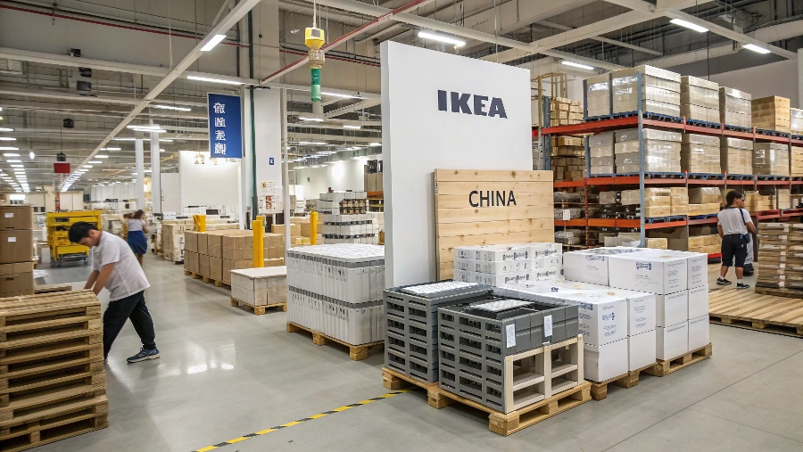A world map showing IKEA's global supply chain connections, with a focus on China
