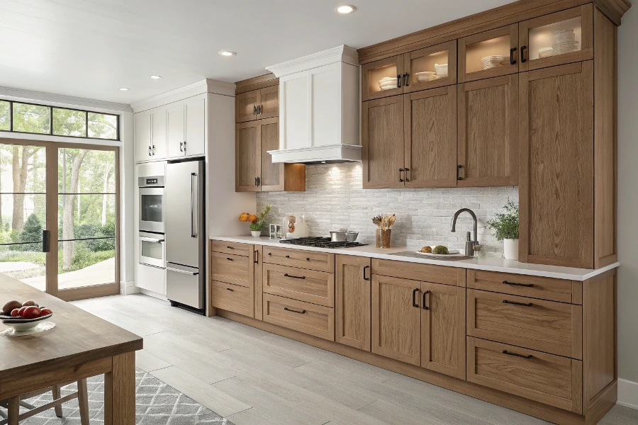A stunning modern kitchen featuring beautiful white oak wood cabinets
