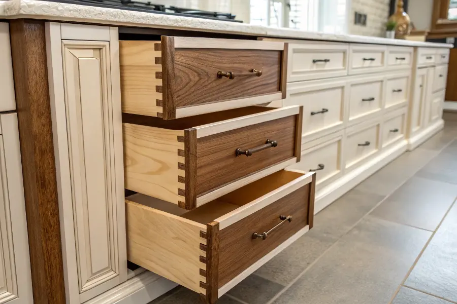 A cross-section of a high-quality plywood cabinet box showing its multiple layers