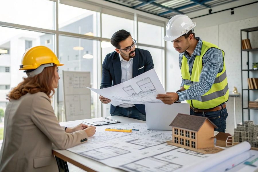 A designer and contractor collaborating with a client over kitchen blueprints