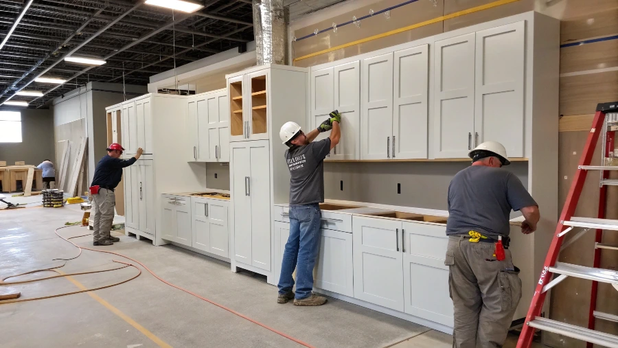 A contractor installing a stylish RTA kitchen cabinet set on a job site
