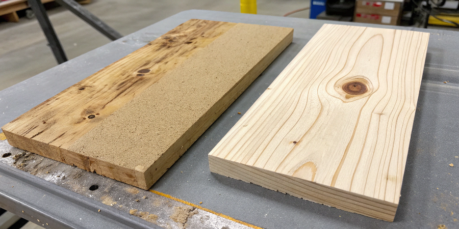 A classic solid wood cabinet door next to a modern, perfectly smooth painted MDF door.