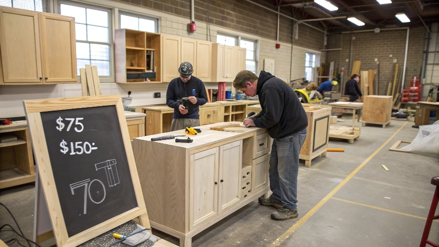 A calculator and a tape measure on top of a cabinet blueprint