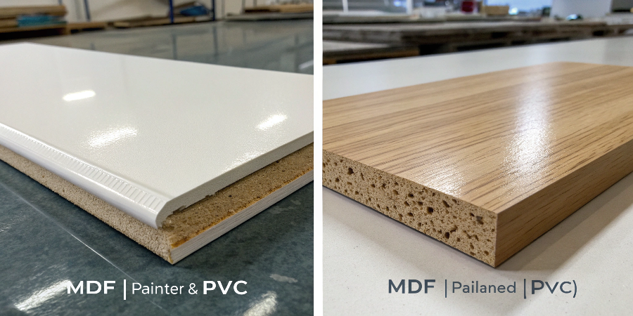 A side-by-side comparison of a smooth painted MDF door and a seamless PVC thermofoil door.
