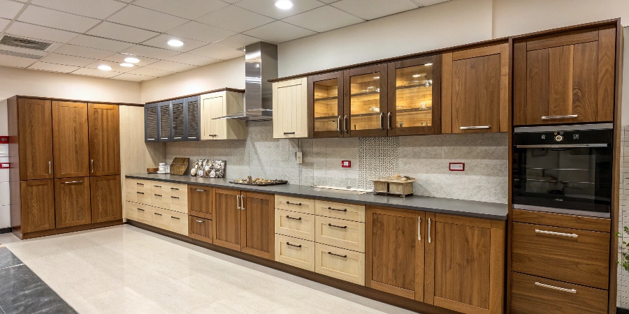 A display showing samples of different kitchen cabinet materials like plywood, MDF, and solid wood