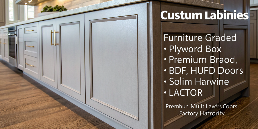 A kitchen showroom displaying cabinets made from various materials like solid wood, painted MDF, and laminates.
