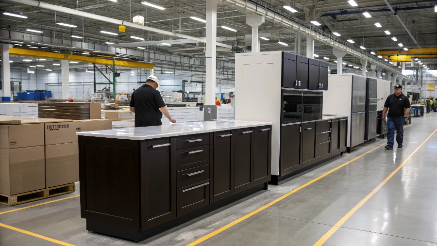 A skilled factory worker inspecting a high-quality RTA cabinet component