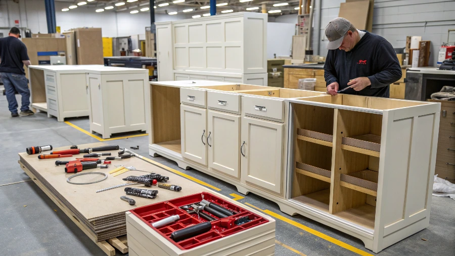 A person looking confused while trying to assemble an RTA cabinet