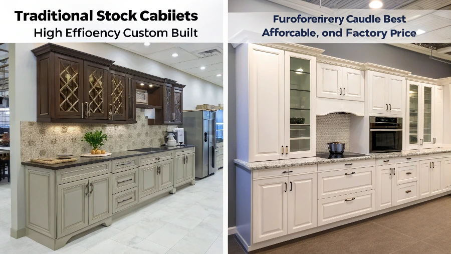A side-by-side comparison of ill-fitting stock cabinets and perfectly fitted custom cabinets
