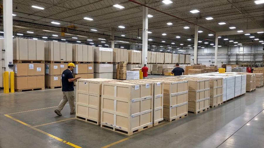 An assortment of flat-packed RTA cabinets ready for wholesale shipping