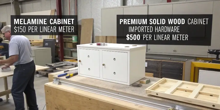 A collage showing different materials like MDF, solid wood, and hardware like hinges and slides