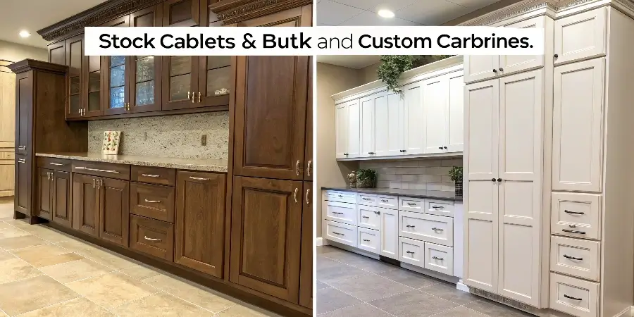 A perfectly fitted custom cabinet next to a stock cabinet with awkward filler pieces