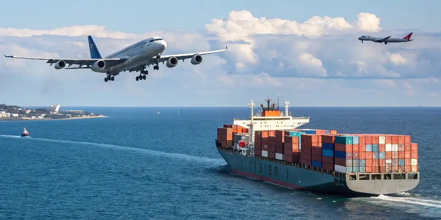A large container ship on the ocean, representing international furniture freight