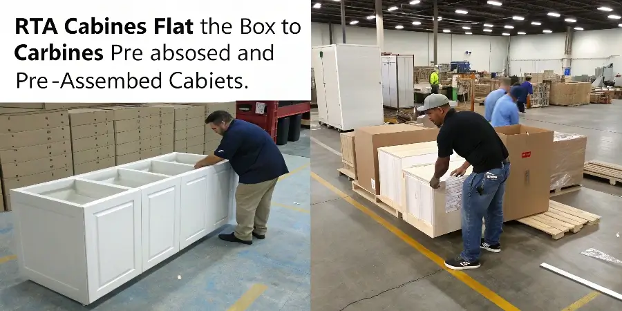 An illustration showing a cabinet's journey from factory to installation for both RTA and assembled types