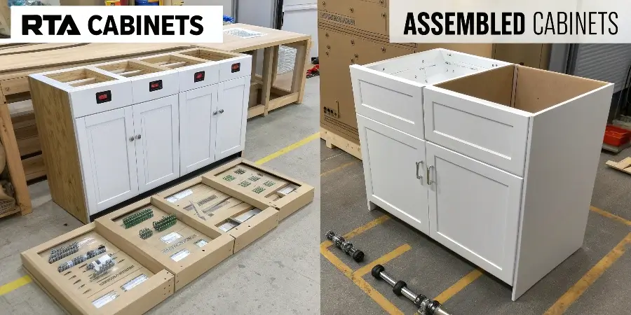 A side-by-side comparison of a flat-packed RTA cabinet box and a fully assembled cabinet