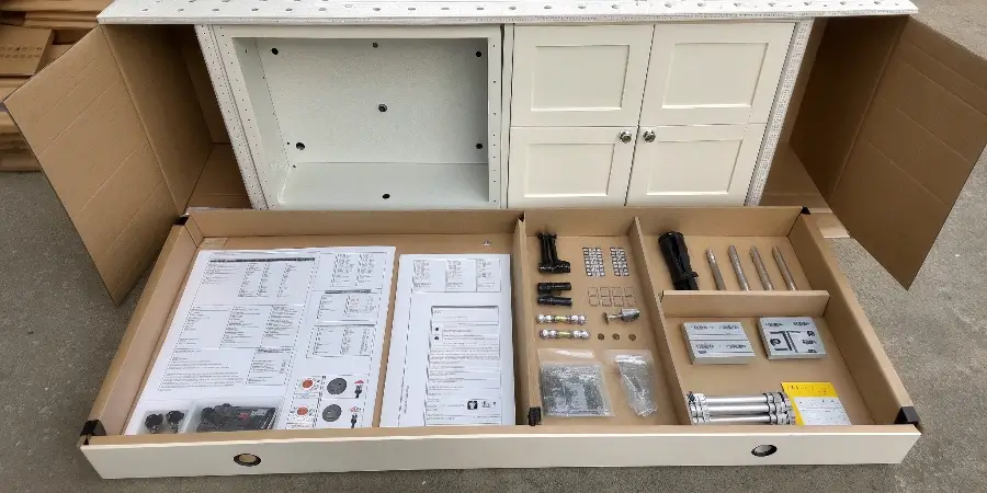 A photo of an opened RTA cabinet box showing all the neatly packed components and hardware