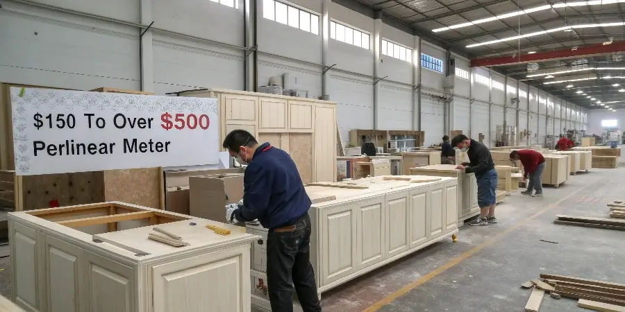 A detailed view of a custom cabinet being measured and designed