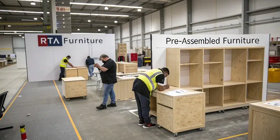 An illustration comparing the logistics chain for RTA vs. pre-assembled furniture for a hotel project